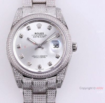 Rolex Datejust ii 41mm Silver Dial Iced Out Rolex Diamond Watch Replica 